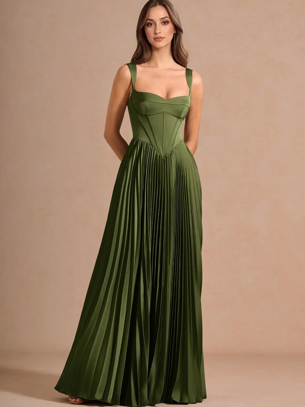 Azazie Olive Green Pleated Maxi Gown